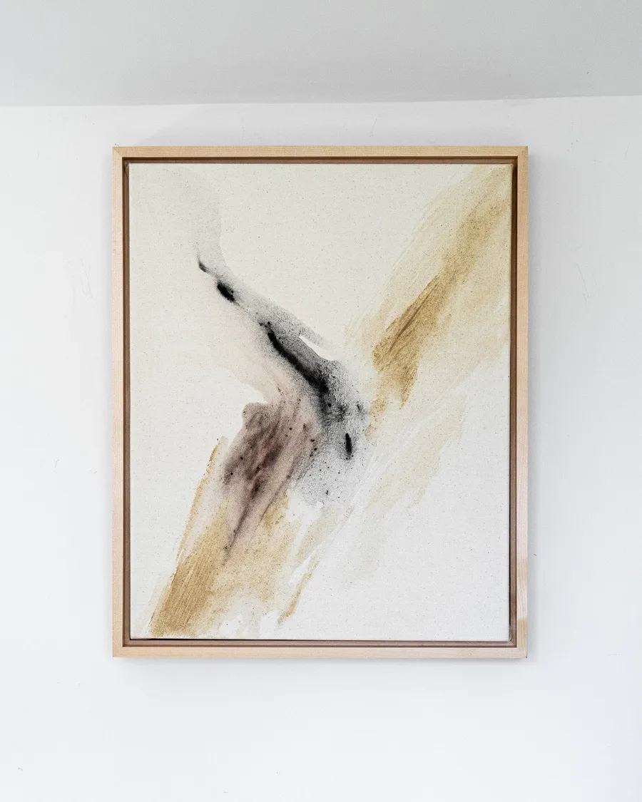Dust of the Earth, charcoal and ground rock on raw canvas with wooden floater frame by Rachel Reinert