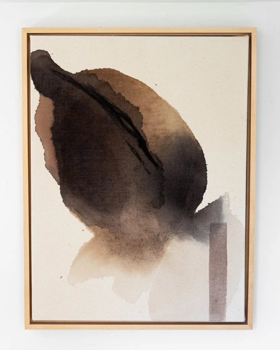 Earthen Alchemy, charcoal from oregon wildfires, oak gall and acorn cap ink on raw canvas with wooden frame by Rachel Reinert