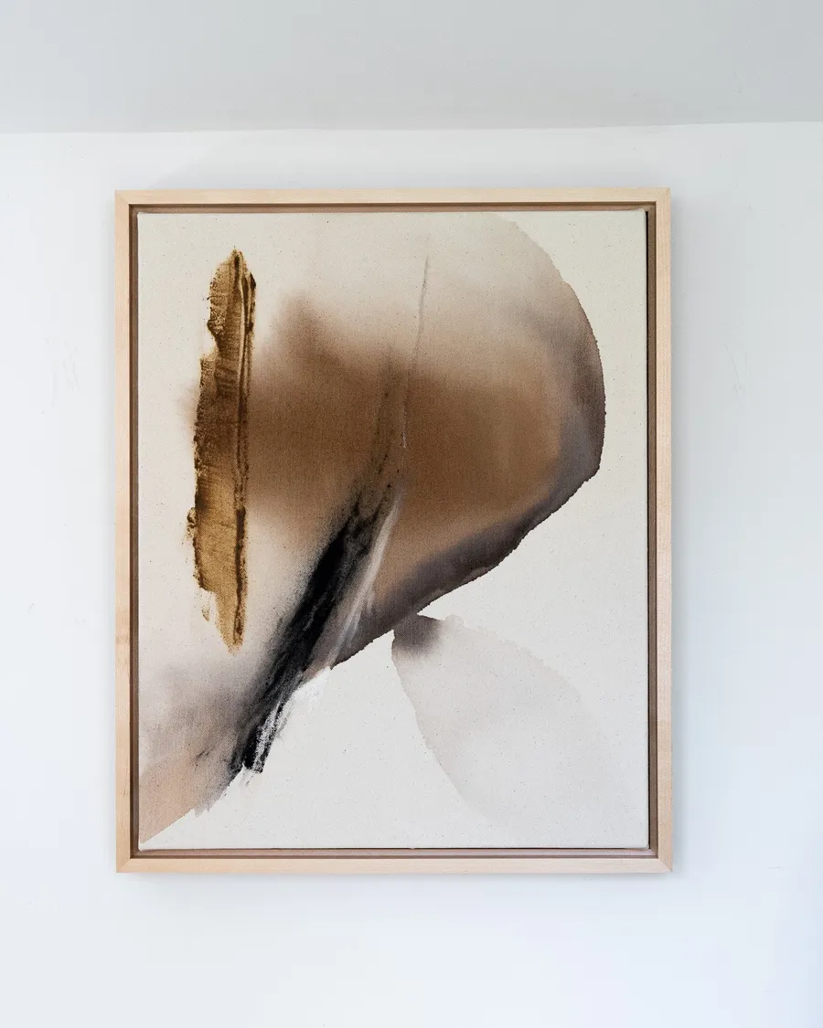 Earthen Glow, black walnut ink, acorn caps, charcoal and rock on raw canvas, wooden floater frame by Rachel Reinert