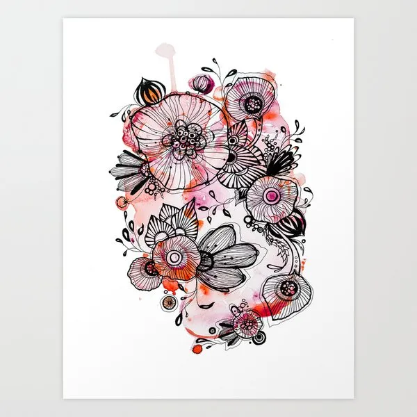 June Bloom, acrylic and ink on paper by Rachel Reinert
