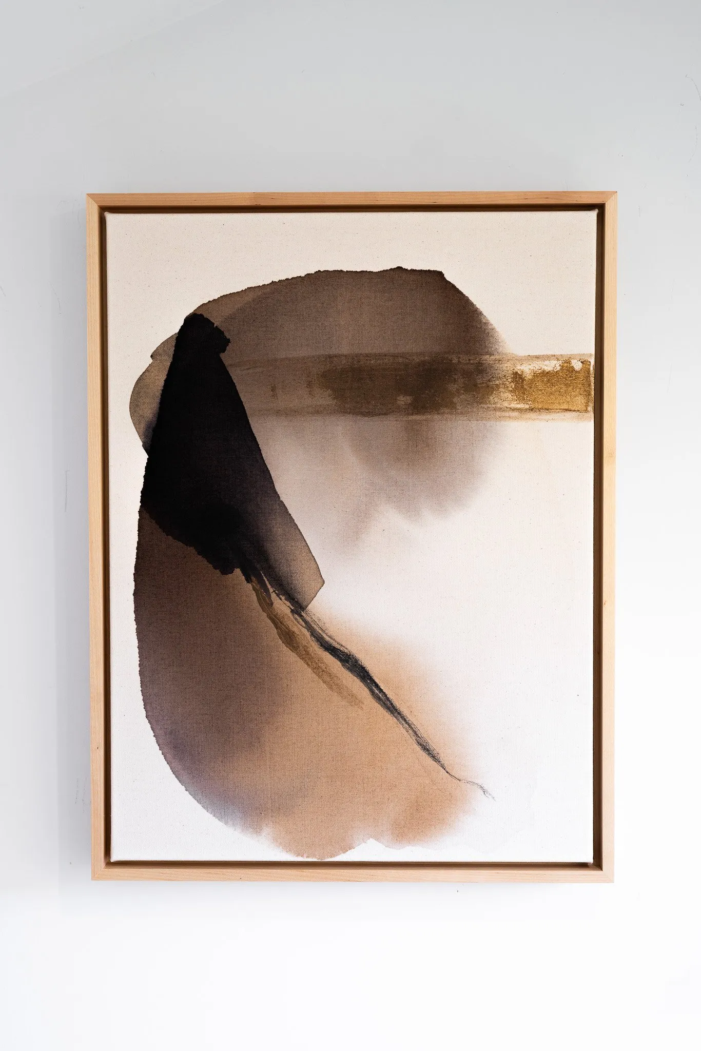 Raw Reckoning, black walnut, oak gall ink and stone on raw canvas with wooden floater frame by Rachel Reinert