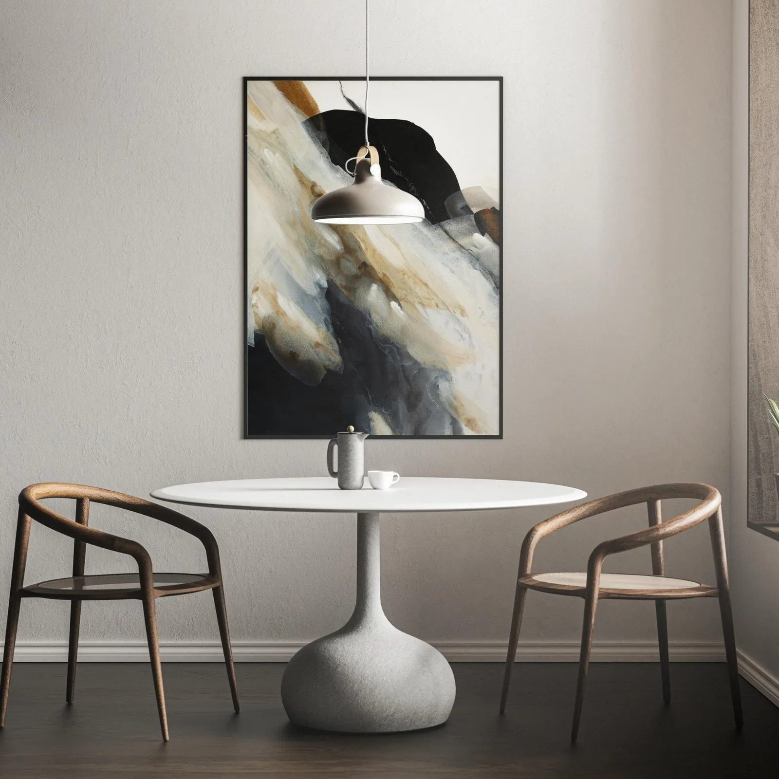 Abstract painting in earth tones above a round dining table