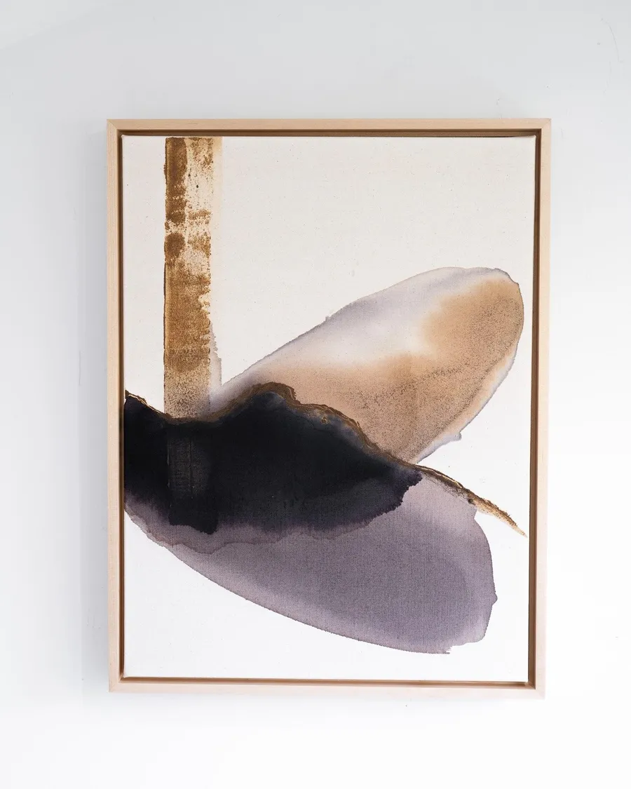 Stories in the Streams, oak gall, black walnut, acorn cap ink and stone on raw canvas with wooden floater frame by Rachel Reinert