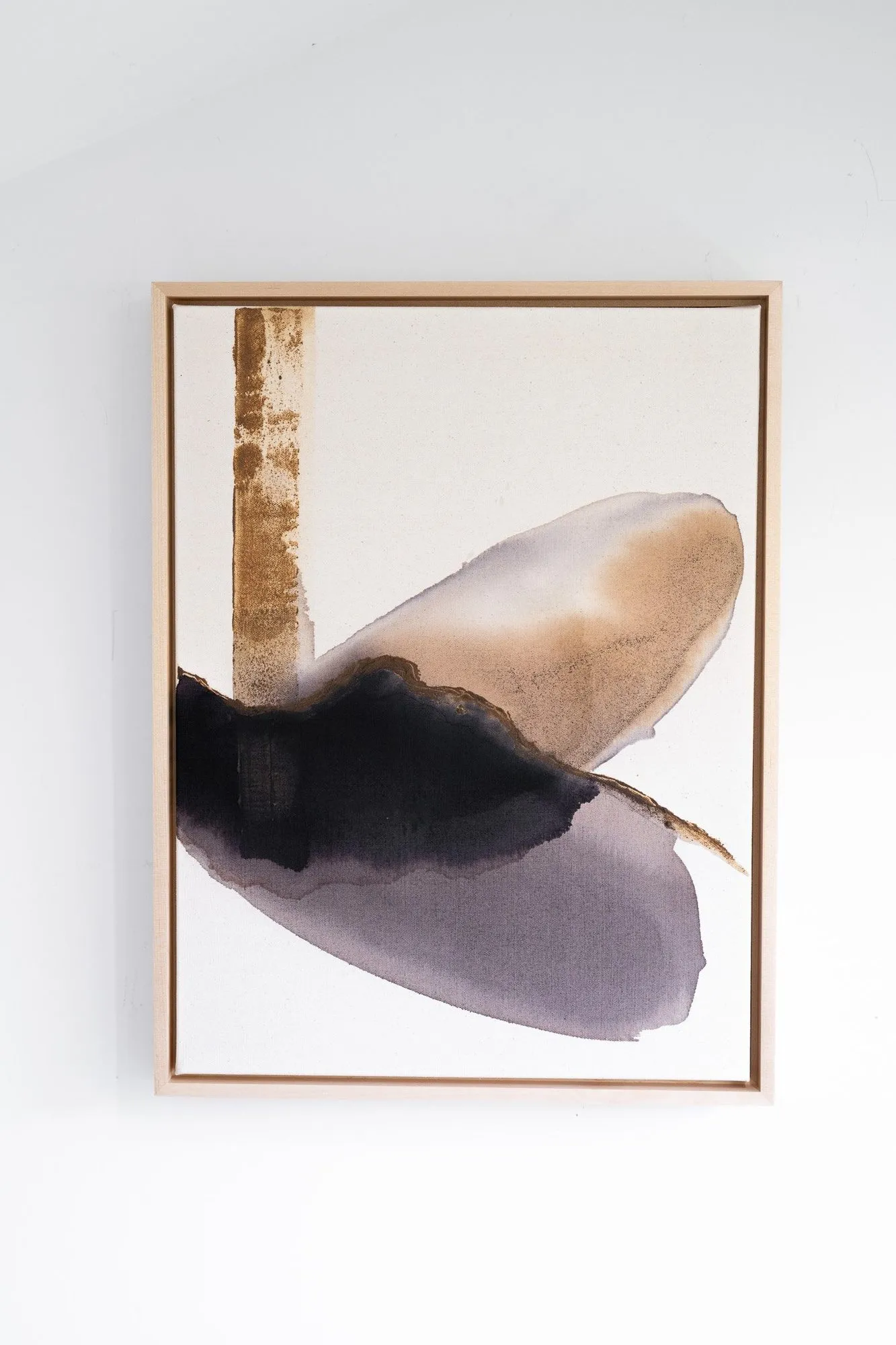 Stories in the Streams, oak gall, black walnut, acorn cap ink and stone on raw canvas with wooden floater frame by Rachel Reinert