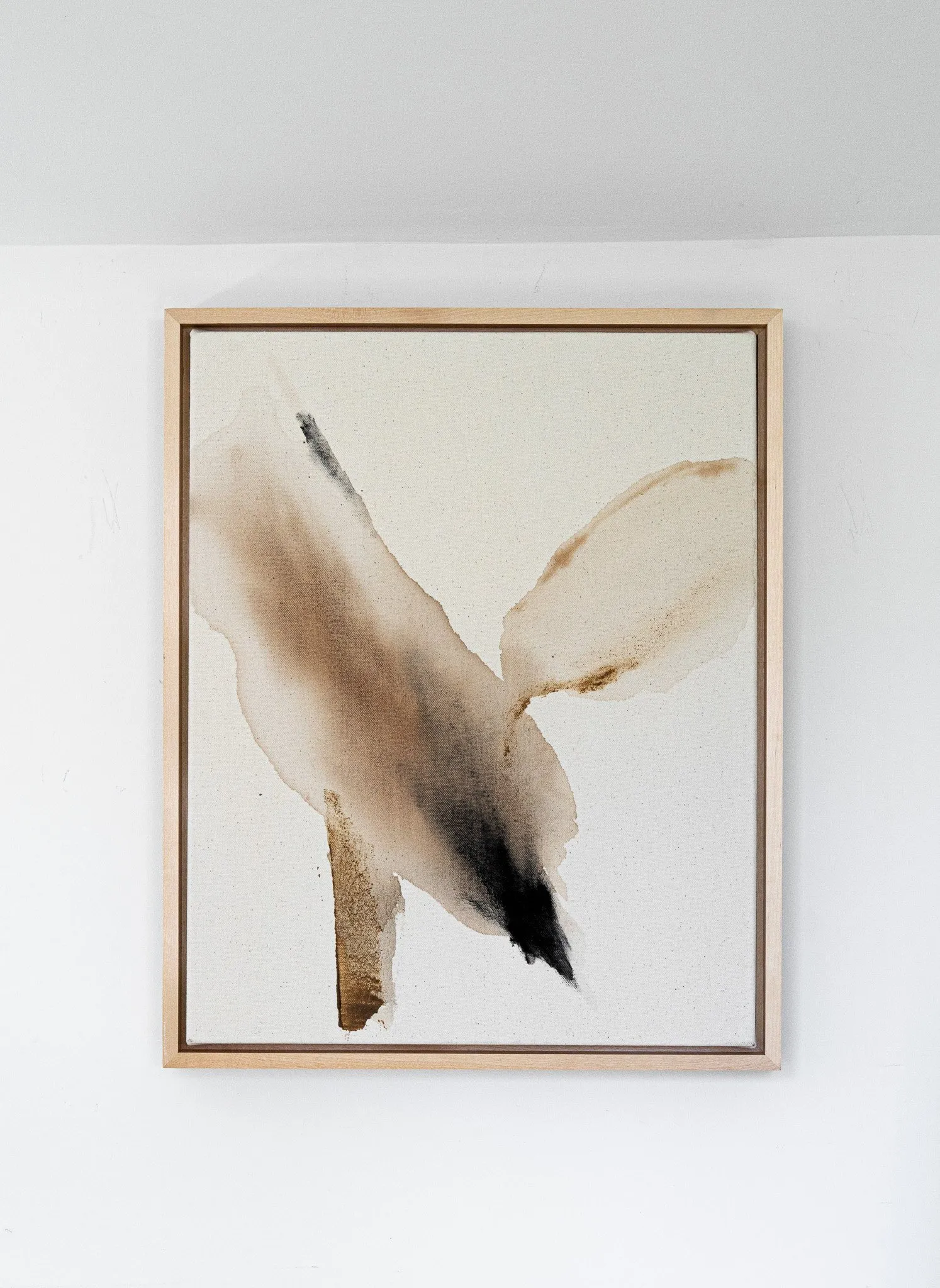 Terra Chromata, black walnut ink, charcoal and ground rock on raw canvas with wooden floater frame by Rachel Reinert